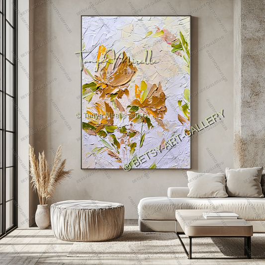 Gold Floral Oil Painting - Blooming Beauty Impasto Textured Original Artwork for Living Room