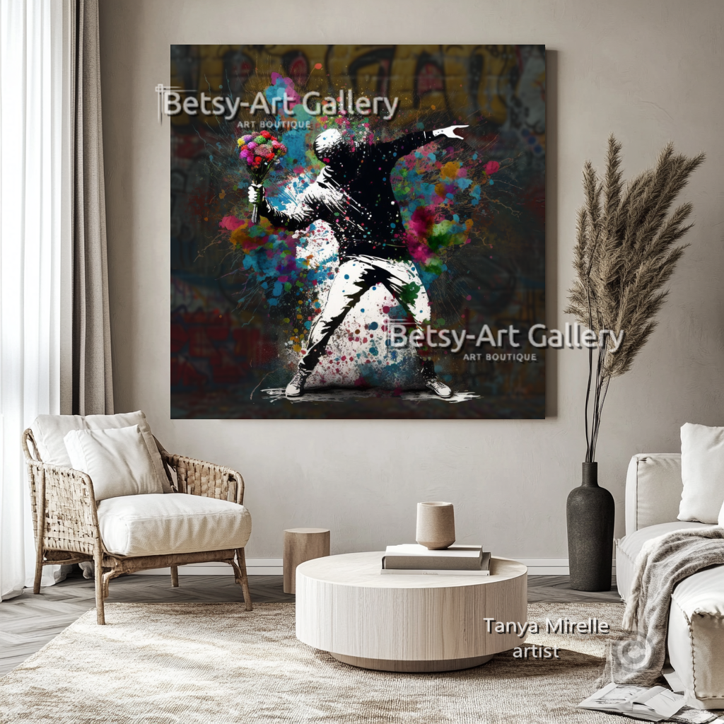 Banksy Flower Thrower Graffiti Art Print on Canvas #1 – Large – Oil on Canvas – {{ product.title }} canvas artwork by Tanya Mirelle – modern wall decor – original artwork for home, living room, office, or gallery – original artwork by BETSY-ART GALLERY