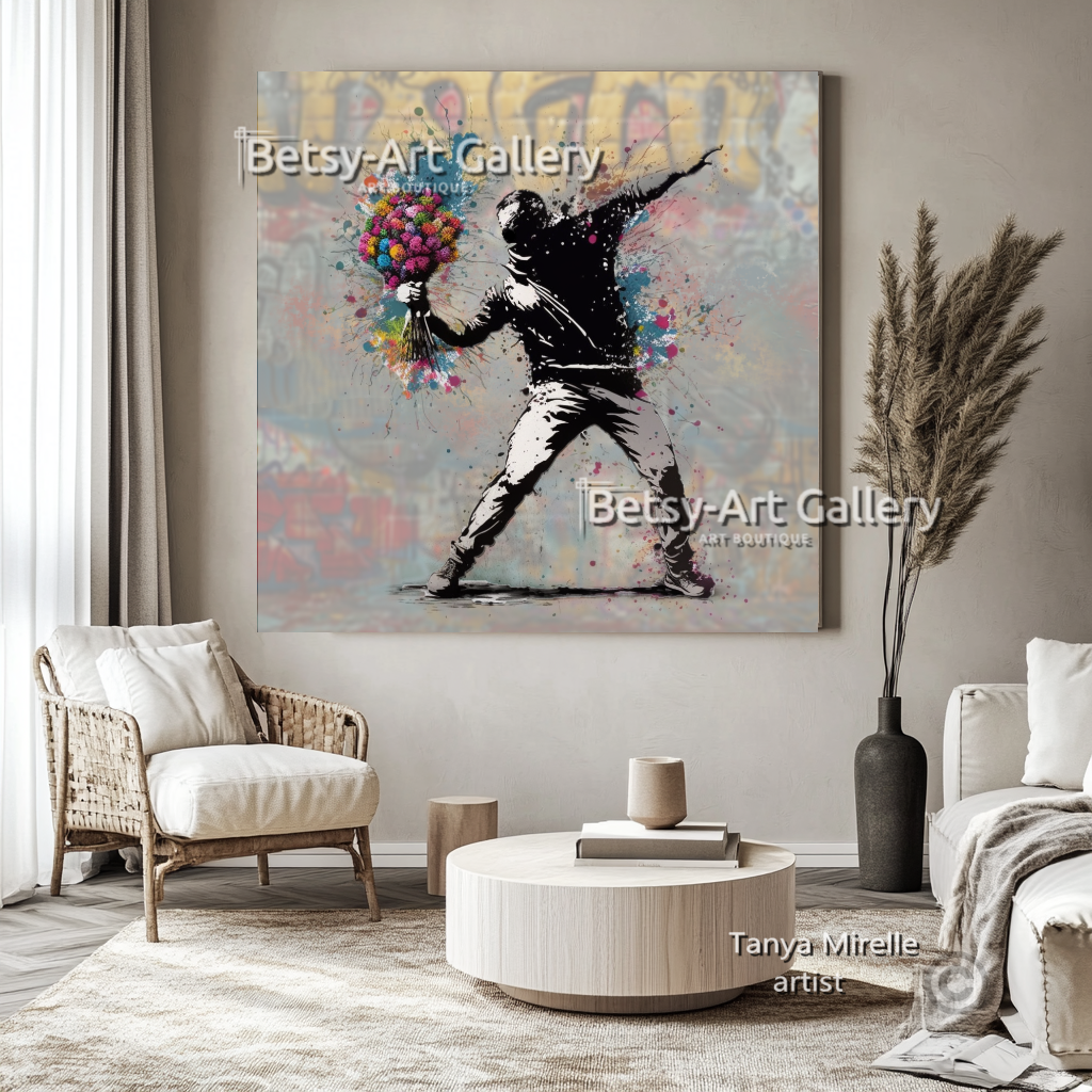 Banksy Flower Thrower Graffiti Art Print on Canvas #1 – Large – Oil on Canvas – {{ product.title }} canvas artwork by Tanya Mirelle – modern wall decor – original artwork for home, living room, office, or gallery – original artwork by BETSY-ART GALLERY