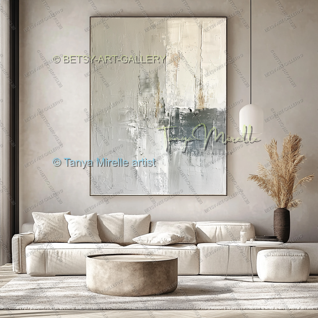 Large Modern Abstract Wall Art in Warm Gray and White