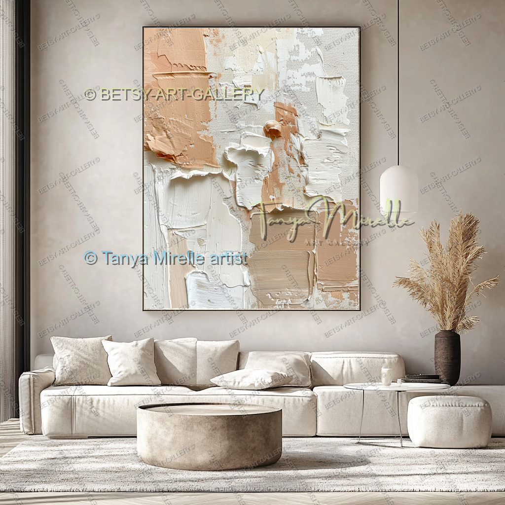 Cream & Coral Composition - Soft Neutral Abstract Painting