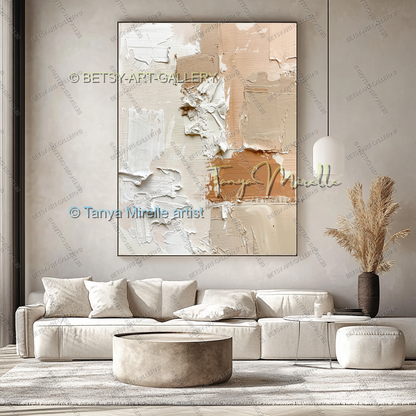 Cream & Coral Composition - Soft Neutral Abstract Painting