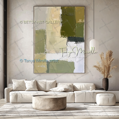 Modern Neutral Tones with Sage Green - Large Abstract Statement Piece