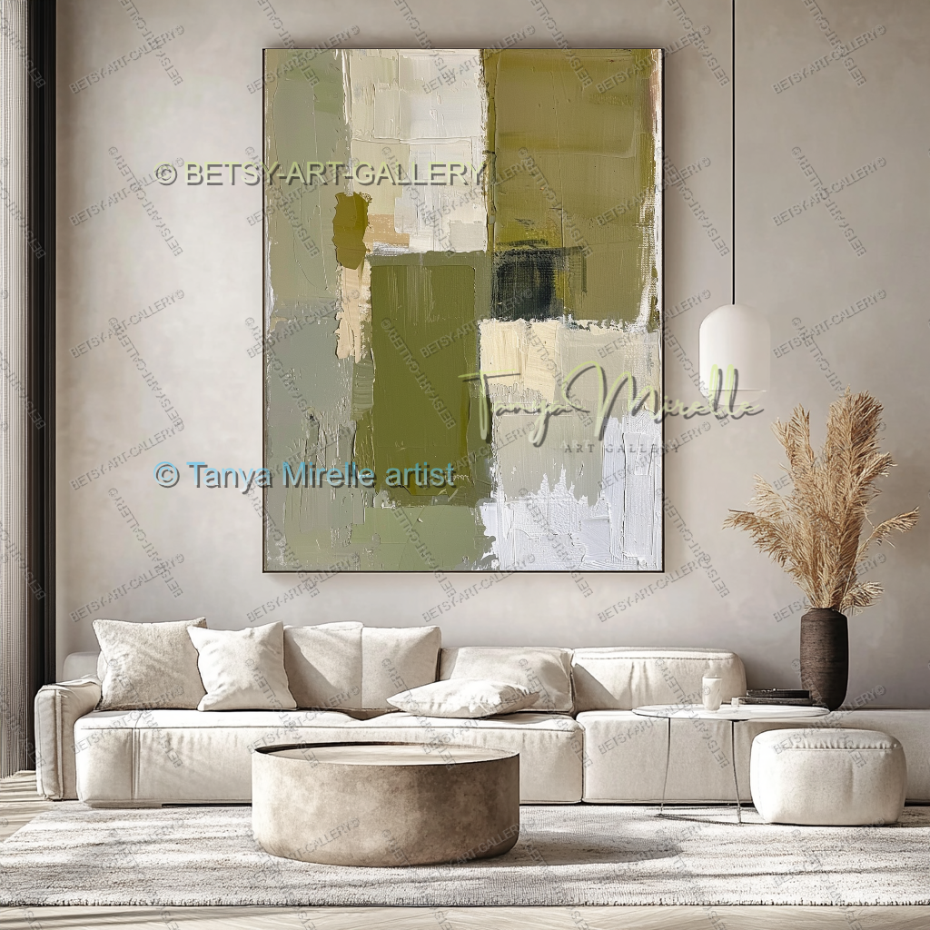 Modern Neutral Tones with Sage Green - Large Abstract Statement Piece