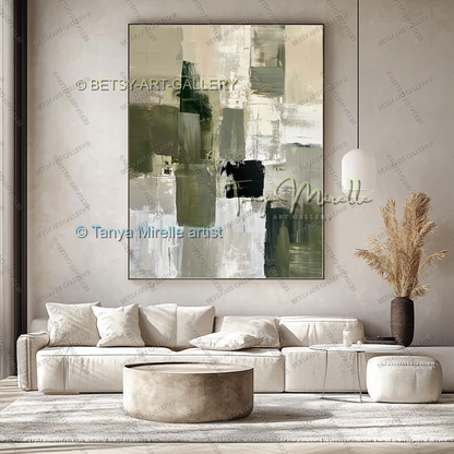 Elegant Green Olive White Textured Canvas Wall Art