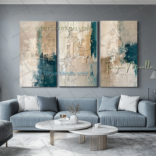 Large Neutral Abstract Painting on Canvas, Modern Gray Blue Wall Art