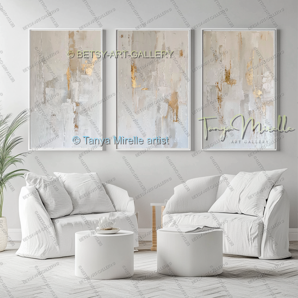 Gold Accent Wall Art - Large Abstract Textured Painting for Home Office
