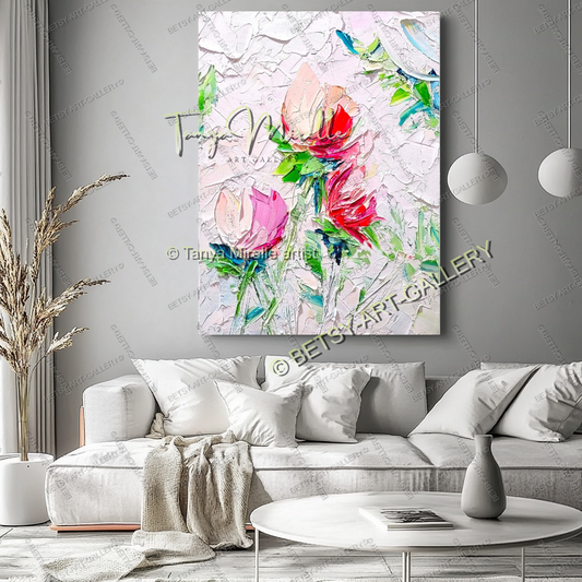 Blooming Beauty - Impasto Floral Oil Painting on Canvas | Original Artwork for Living Room