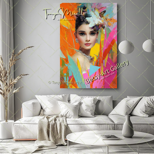Vintage Audrey Hepburn Portrait - Colorful Modern Canvas Print #2