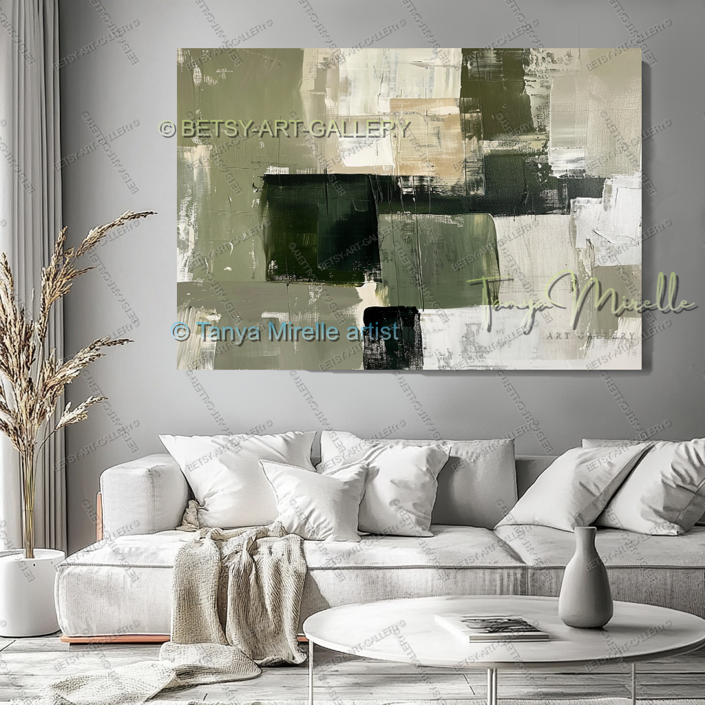 Elegant Green Olive White Textured Canvas Wall Art