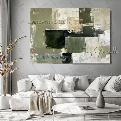 Elegant Green Olive White Textured Canvas Wall Art