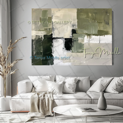 Elegant Green Olive White Textured Canvas Wall Art