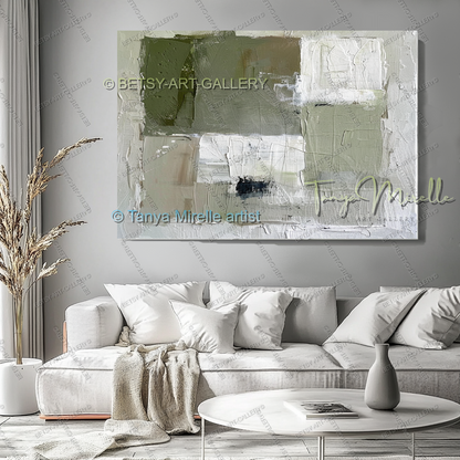 Quiet Green White Composition - Large Abstract Texture Painting