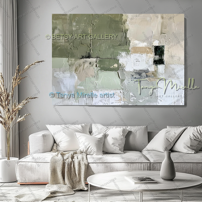 Quiet Green White Composition - Large Abstract Texture Painting
