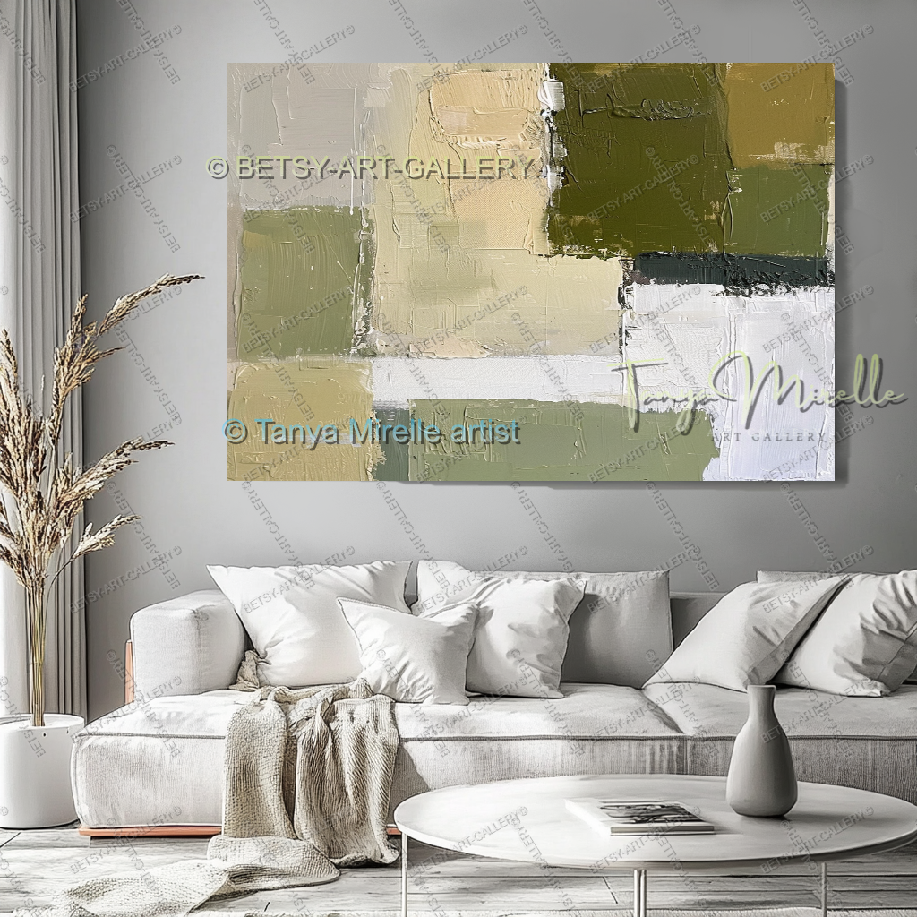 Modern Neutral Tones with Sage Green - Large Abstract Statement Piece
