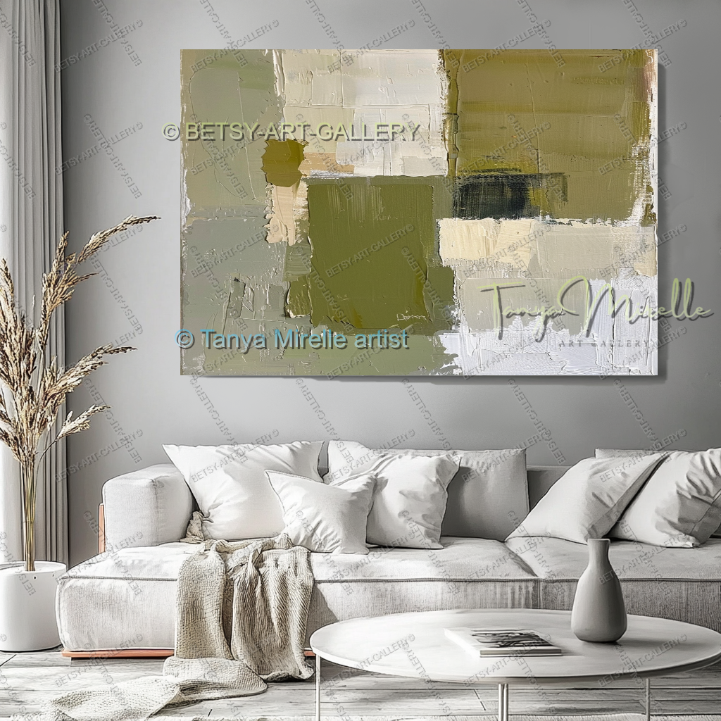 Modern Neutral Tones with Sage Green - Large Abstract Statement Piece