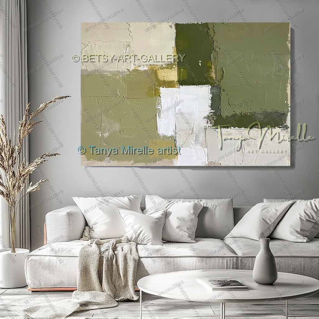 Modern Neutral Tones with Sage Green - Large Abstract Statement Piece