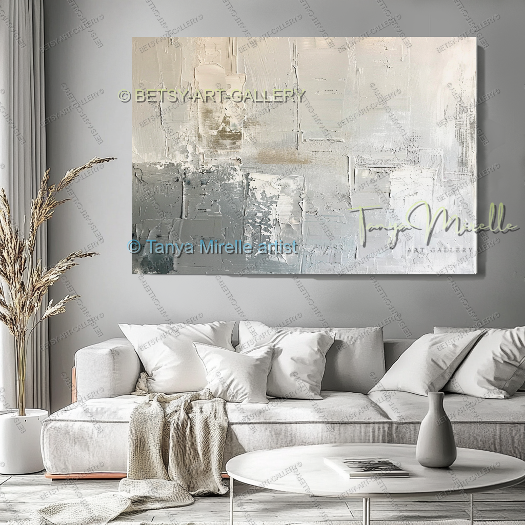 Large Modern Abstract Wall Art in Warm Gray and White