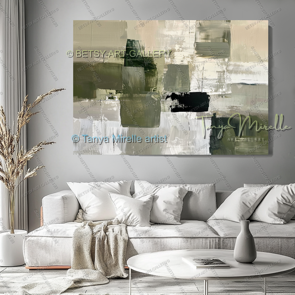 Elegant Green Olive White Textured Canvas Wall Art