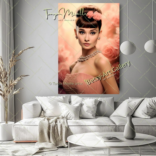 Pink Portrait Audrey Hepburn - Modern Canvas Print