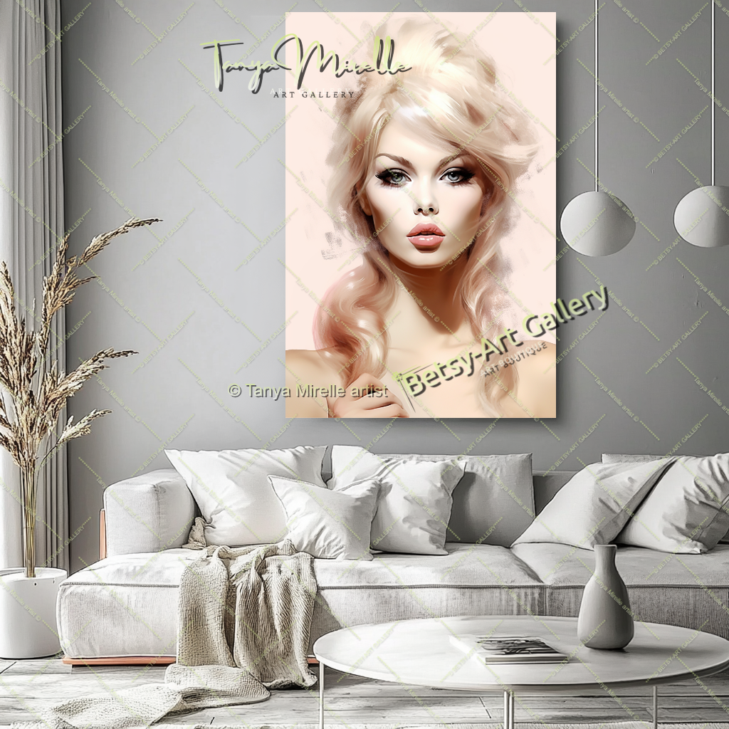 Minimalist Pastel Portrait Brigitte Bardot - Modern Canvas Print – Large – Oil on Canvas – {{ product.title }} canvas artwork by Tanya Mirelle – modern wall decor – original artwork for home, living room, office, or gallery – original artwork by BETSY-ART GALLERY