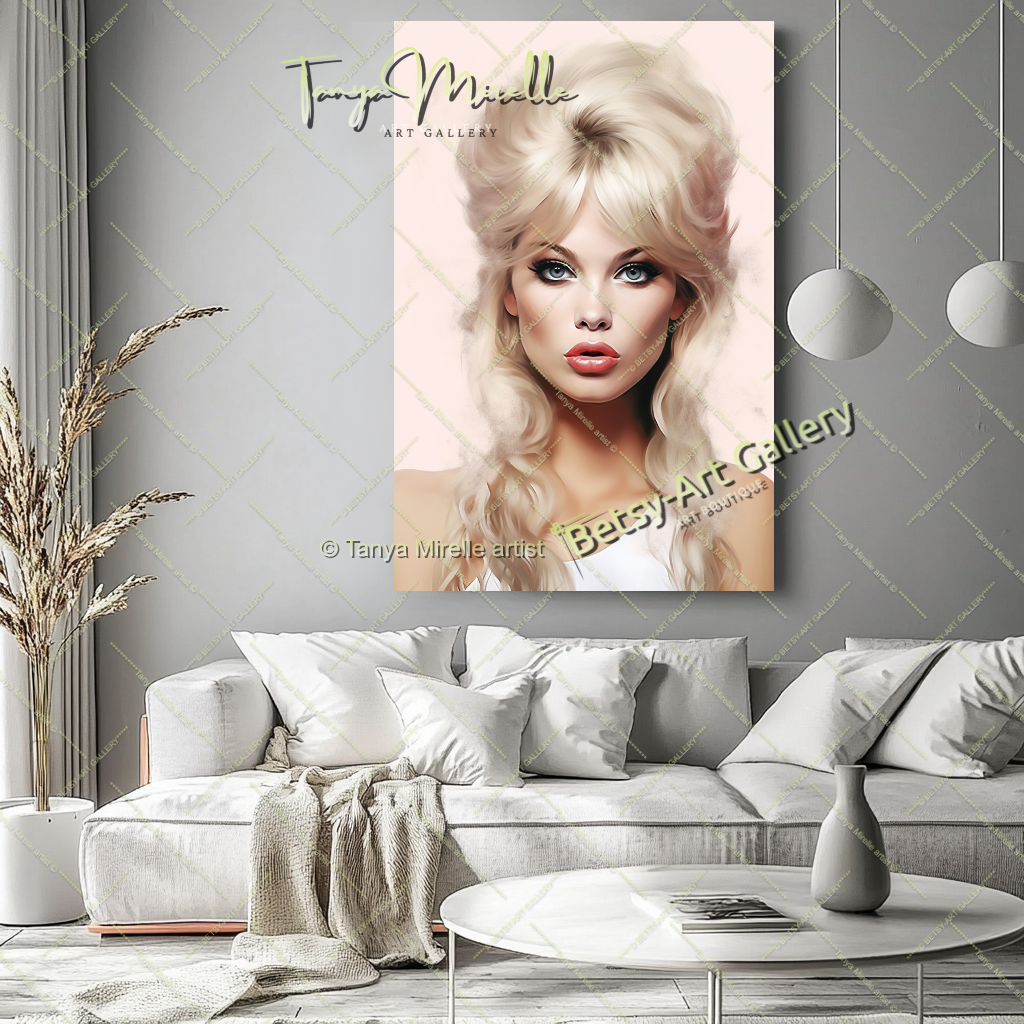 Minimalist Pastel Portrait Brigitte Bardot - Modern Canvas Print – Large – Oil on Canvas – {{ product.title }} canvas artwork by Tanya Mirelle – modern wall decor – original artwork for home, living room, office, or gallery – original artwork by BETSY-ART GALLERY