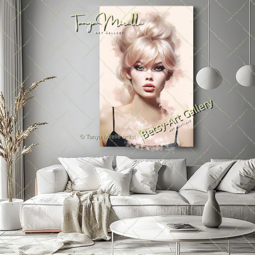 Minimalist Pastel Portrait Brigitte Bardot - Modern Canvas Print – Large – Oil on Canvas – {{ product.title }} canvas artwork by Tanya Mirelle – modern wall decor – original artwork for home, living room, office, or gallery – original artwork by BETSY-ART GALLERY