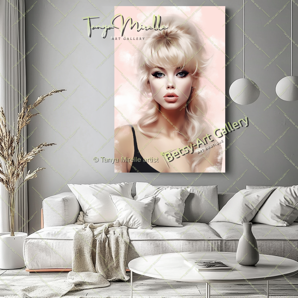 Minimalist Pastel Portrait Brigitte Bardot - Modern Canvas Print – Large – Oil on Canvas – {{ product.title }} canvas artwork by Tanya Mirelle – modern wall decor – original artwork for home, living room, office, or gallery – original artwork by BETSY-ART GALLERY