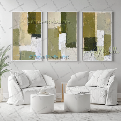 Modern Neutral Tones with Sage Green - Large Abstract Statement Piece