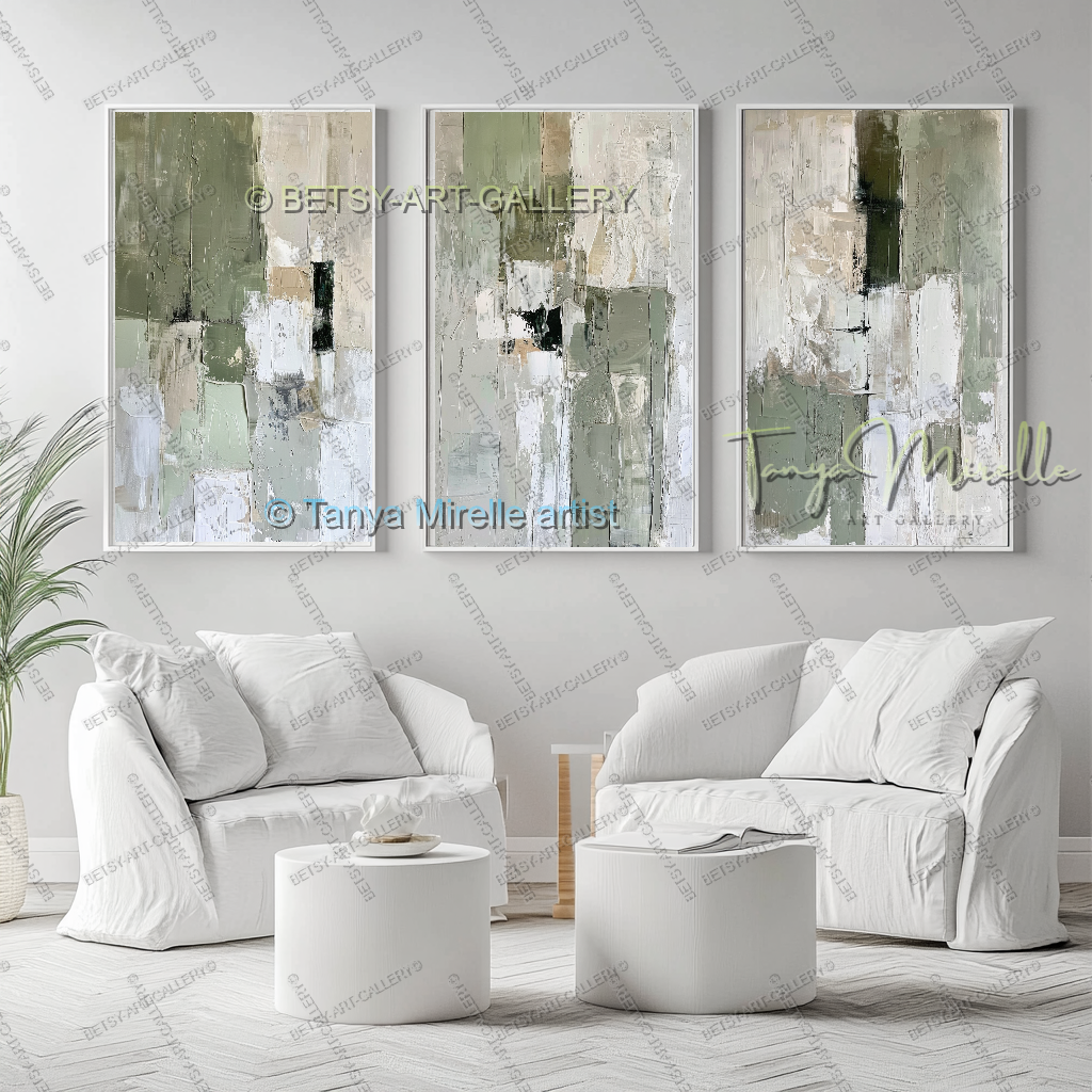 Quiet Green White Composition - Large Abstract Texture Painting