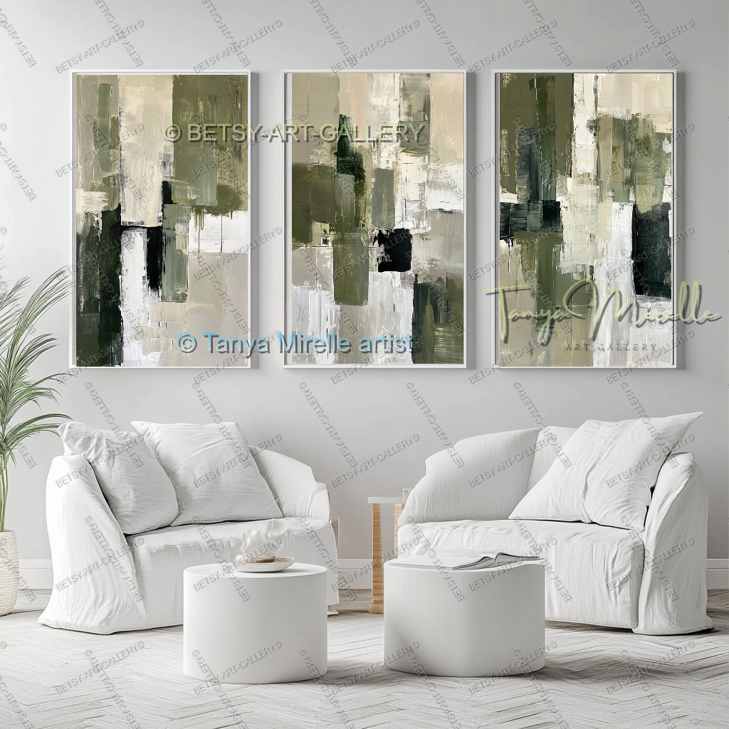 Elegant Green Olive White Textured Canvas Wall Art