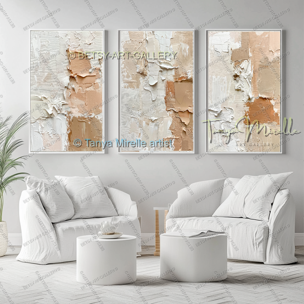 Cream & Coral Composition - Soft Neutral Abstract Painting