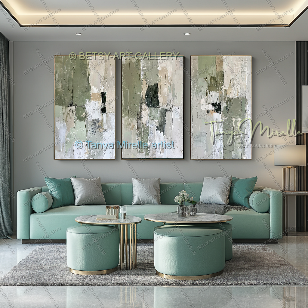 Quiet Green White Composition - Large Abstract Texture Painting