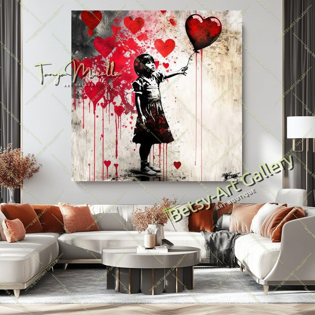 Girl with Red Heart Balloon - Pop Art Print on Canvas, Banksy Art