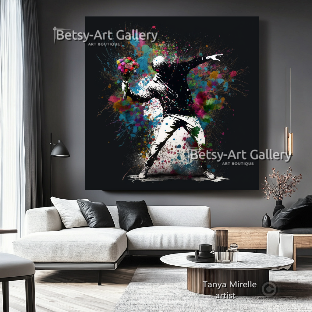 Banksy Flower Thrower Graffiti Art Print on Canvas #1 – Large – Oil on Canvas – {{ product.title }} canvas artwork by Tanya Mirelle – modern wall decor – original artwork for home, living room, office, or gallery – original artwork by BETSY-ART GALLERY