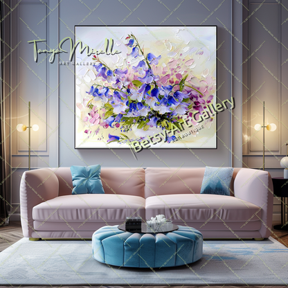 Blooming Wildflowers - Blue Impasto Oil Painting on Canvas #164