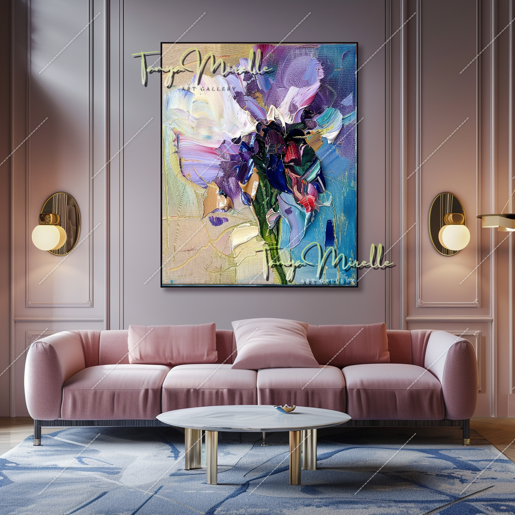 Abstract Impasto Flower Oil Painting, Palette Knife Canvas #211 – Large – Oil on Canvas – {{ product.title }} canvas artwork by Tanya Mirelle – modern wall decor – original artwork for home, living room, office, or gallery – original artwork by BETSY-ART GALLERY