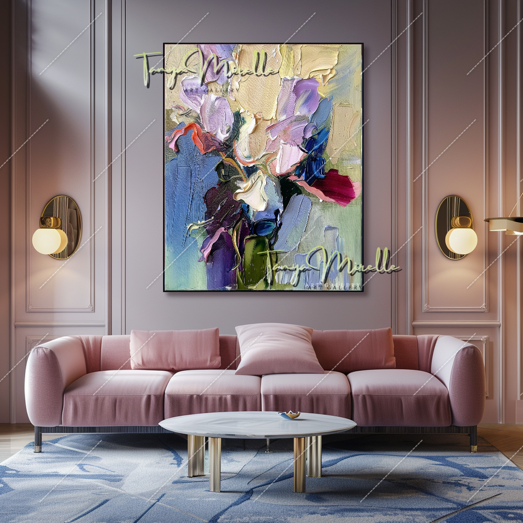 Abstract Impasto Flower Oil Painting, Palette Knife Canvas #211 – Large – Oil on Canvas – {{ product.title }} canvas artwork by Tanya Mirelle – modern wall decor – original artwork for home, living room, office, or gallery – original artwork by BETSY-ART GALLERY