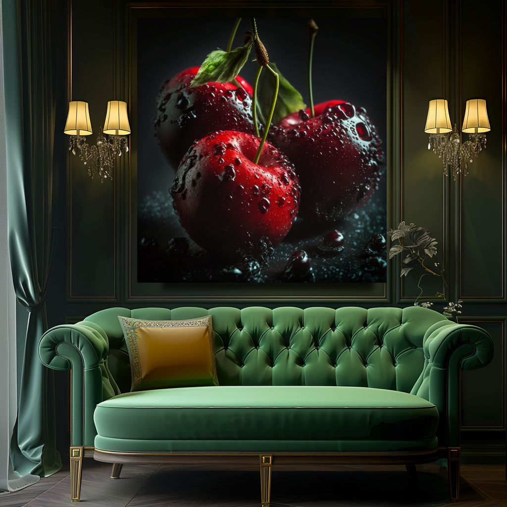 Ripe Juicy Cherries Wall Art Print, Water Splash Food Photography