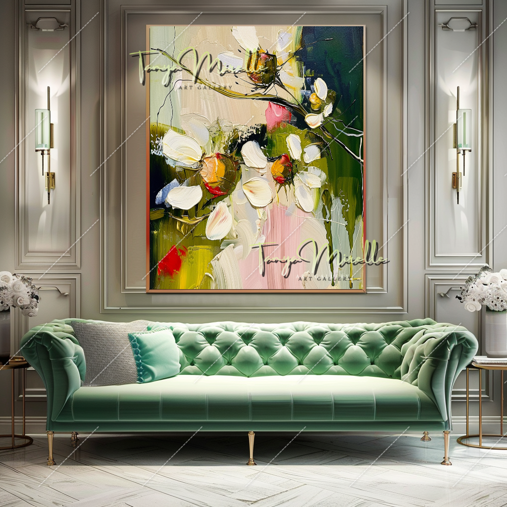 Elegant Abstract Flower Wall Art, Oil Impasto Painting #217