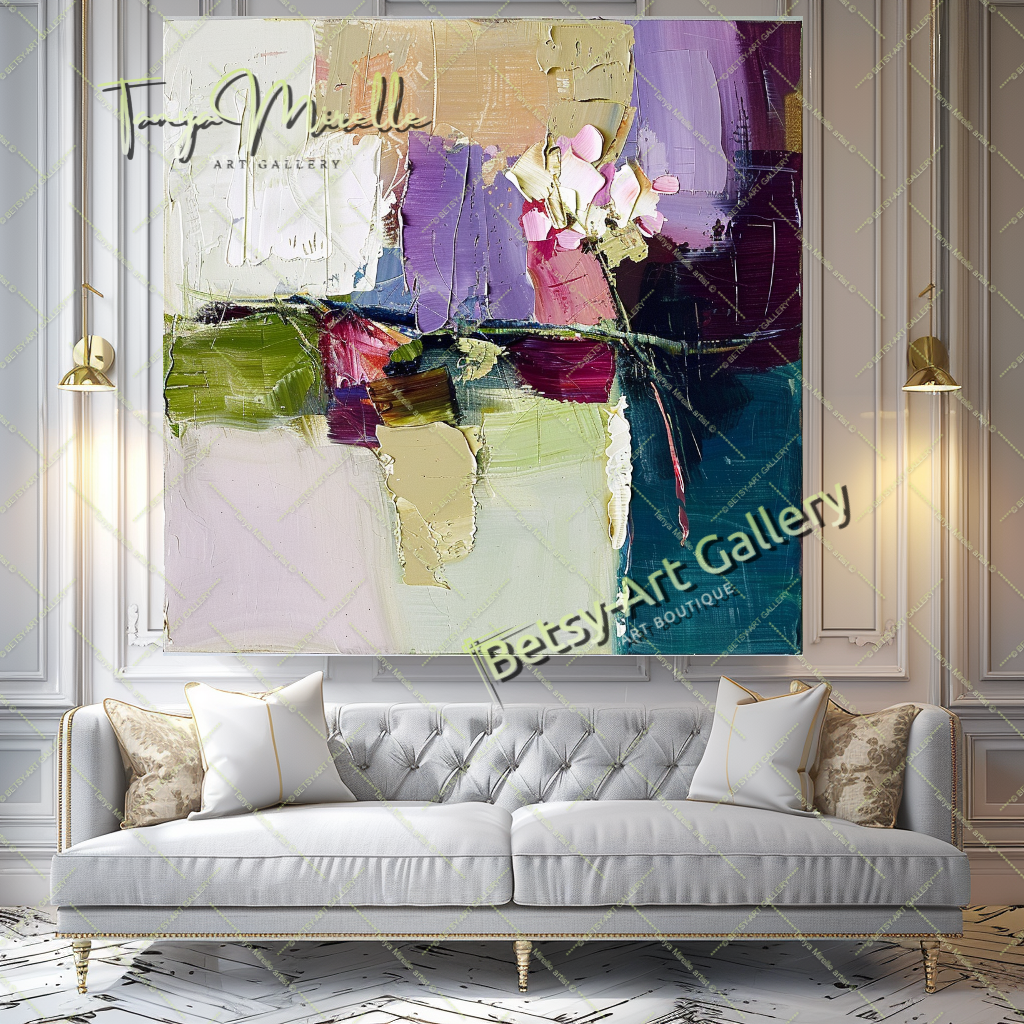 Contemporary Floral Canvas, Colorful Textured Painting #170 – Large – Oil on Canvas – {{ product.title }} canvas artwork by Tanya Mirelle – modern wall decor – original artwork for home, living room, office, or gallery – original artwork by BETSY-ART GALLERY