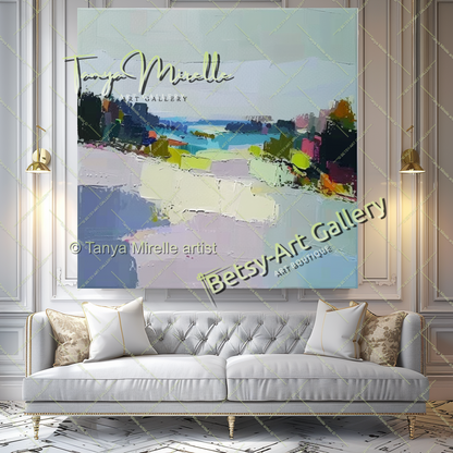 Neutral Abstract Landscape Painting – Colorful Impasto Canvas Art