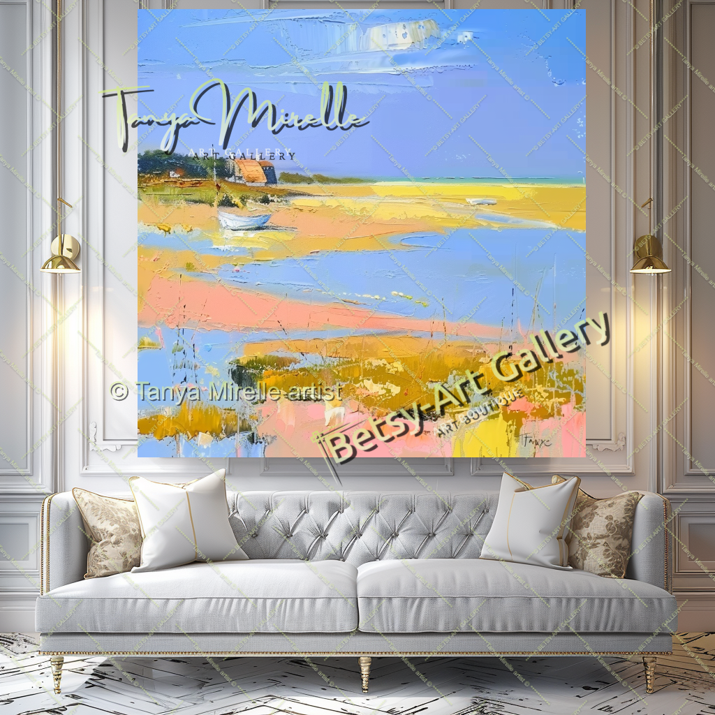 Mediterranean Seashore Painting – Colorful Canvas Wall Art for Living Room