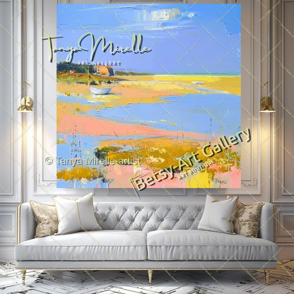 Mediterranean Seashore Painting – Colorful Canvas Wall Art for Living Room