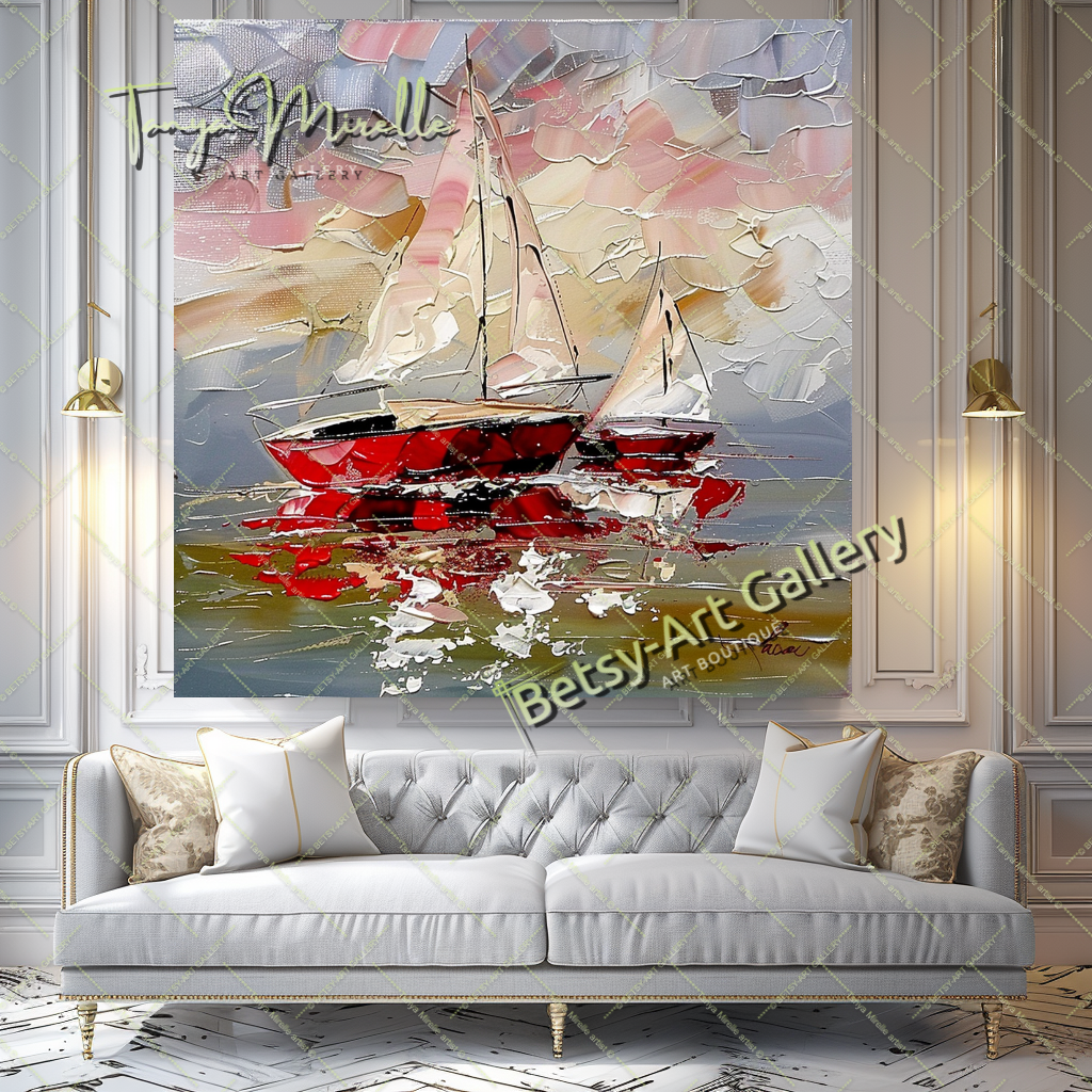 Abstract Sailboat Impasto Oil Painting on Canvas #172 – Large – Oil on Canvas – {{ product.title }} canvas artwork by Tanya Mirelle – modern wall decor – original artwork for home, living room, office, or gallery – original artwork by BETSY-ART GALLERY