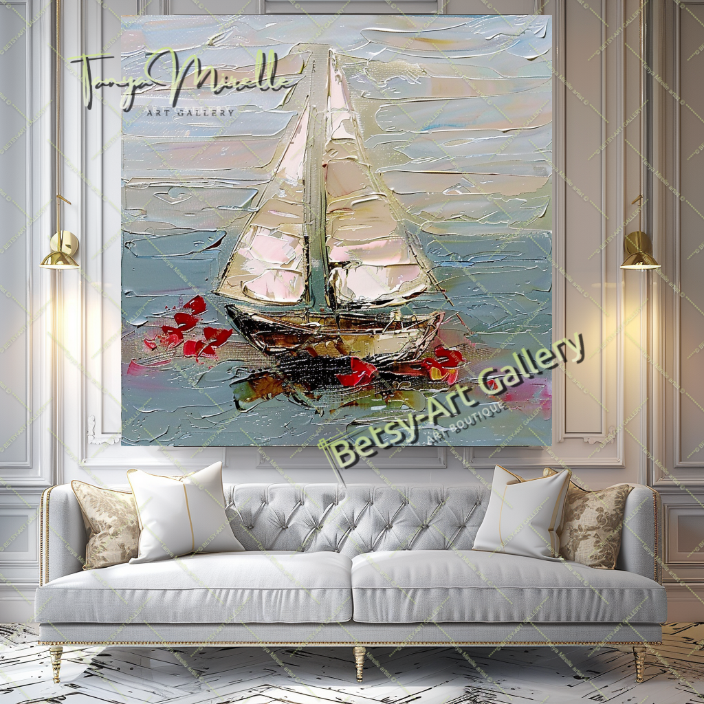 Abstract Sailboat Impasto Oil Painting on Canvas #172 – Large – Oil on Canvas – {{ product.title }} canvas artwork by Tanya Mirelle – modern wall decor – original artwork for home, living room, office, or gallery – original artwork by BETSY-ART GALLERY