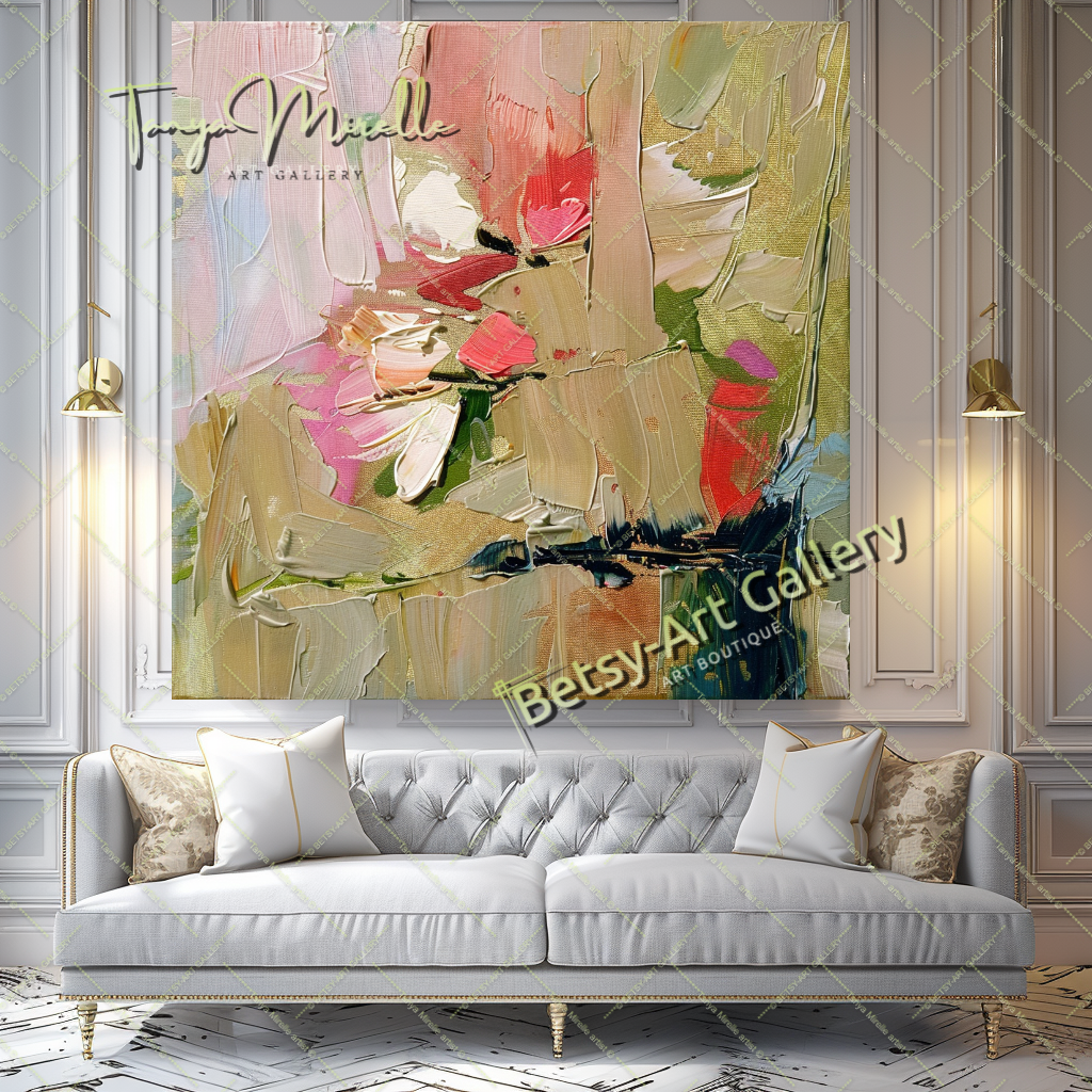 Pink and Green Floral Abstract Oil Painting on Canvas #173