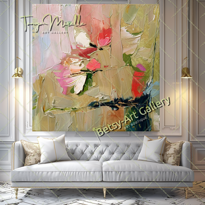 Pink and Green Floral Abstract Oil Painting on Canvas #173