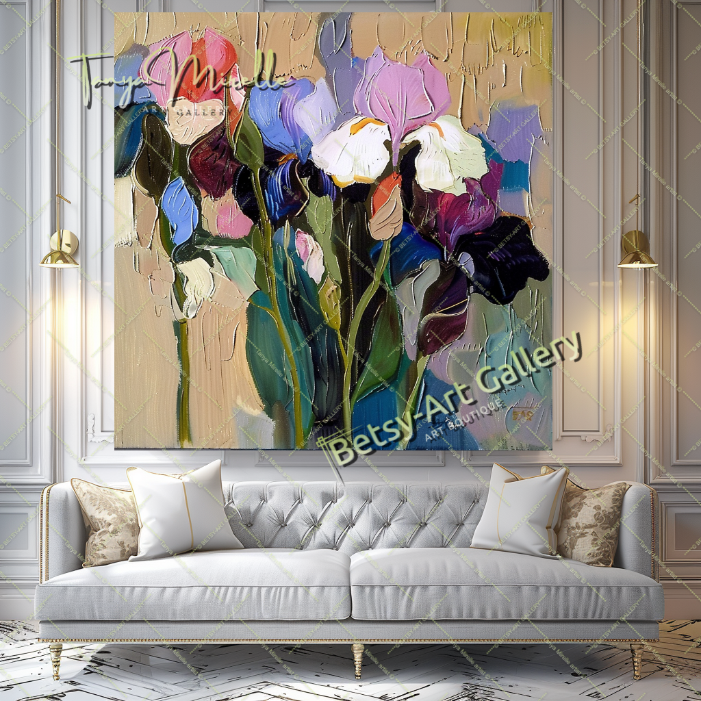 Colorful Bouquet Abstract Impasto Wall Art #180 – Large – Oil on Canvas – {{ product.title }} canvas artwork by Tanya Mirelle – modern wall decor – original artwork for home, living room, office, or gallery – original artwork by BETSY-ART GALLERY
