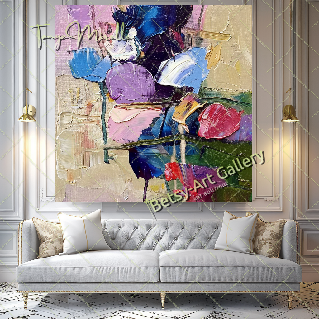 Colorful Bouquet Abstract Impasto Wall Art #180 – Large – Oil on Canvas – {{ product.title }} canvas artwork by Tanya Mirelle – modern wall decor – original artwork for home, living room, office, or gallery – original artwork by BETSY-ART GALLERY